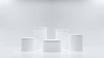 Poster - White 3d rendering or mockup cylinder podium for branding, packaging and cosmetic product presentation. Minimal geometric shapes. Stage showcase on pedestal 3d white studio premium background