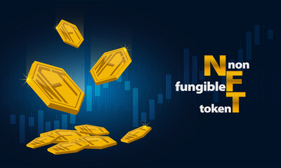 Wall Mural - NFT golden coins fall. Non fungible tokens with blue background and graph.Cryptocurrency coins.Digital exchange.