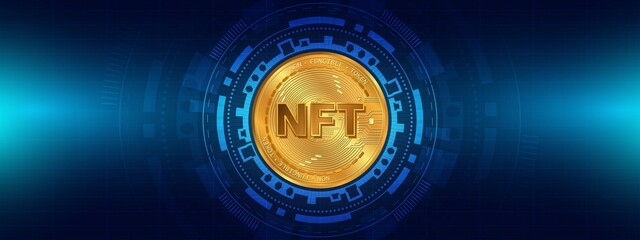 Wall Mural - NFT nonfungible coin.non fungible token.Blockchain concept.NFT glod coin with blue background technology.