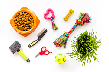 Wall Mural - Dog or cat food in bowl with treats and toys, top view