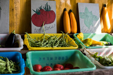 Urban Farm Stand With Vegetables And Signs