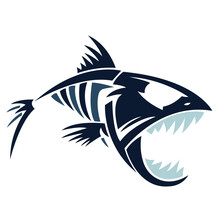 The Silhouette, The Contour Of The Blue Piranha Fish On A White Background Is Traced With Lines Of Various Widths. Piranha Fish Pirate Logo. Vector Illustration