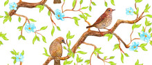 Seamless Texture With Cute Brown Birds Sitting On Branch Of Flowering Tree. Watercolor Painting