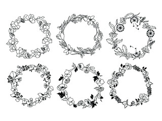 Poster - Set of floral frame. Collection of round frames with floral wreaths. Spring plants. Botany. Vector illustration of floral arrangements for a wedding card.