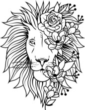 Portrait Of A Lion With Floral Wreaths. Illustration Of A Predatory Wild Cat In Boho Design With Natural Accessories. Wild Cat With A Mane. Zoo. Tattoo.