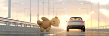 Toy Bear Accidentally Dropped Out Of A Car Window On The Road 3d Render