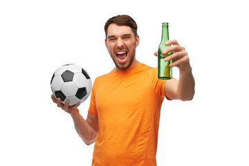 Poster - sport, leisure games and people concept - happy smiling man or football fan with soccer ball and bottle of beer over white background