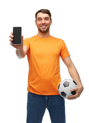 Sticker - sport, leisure games and people concept - happy smiling man or football fan with smartphone and soccer ball over white background