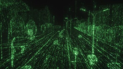 Wall Mural - cyberspace. digital city concept. urban street scene with grid of glowing numbers in matrix style