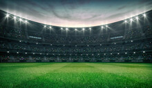Empty Green Grass Field And Illuminated Outdoor Stadium With Fans, Front Field View, Grassy Field Sport Building 3D Professional Background Illustration