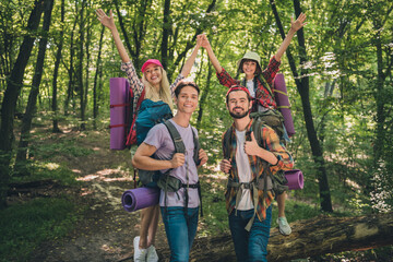 Poster - Photo of best friend happy positive smile enjoy tourism vacation forest trekking exploring wild nature rucksack outdoors