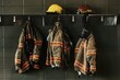 Firefighter helmet and protection coat hanging in the fire station