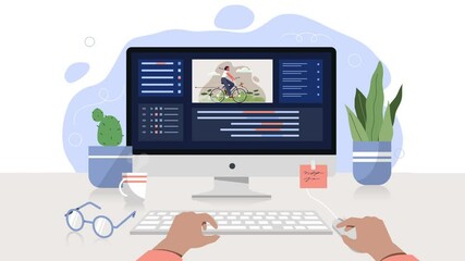 Leinwandbilder - Profession of animator video concept. Workspace with pop up computer, keyboard and program for work. Moving man creates dynamic clips with his own hands. Graphic animated cartoon for landing page