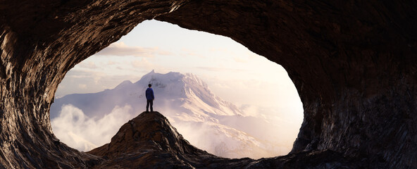 Wall Mural - dramatic adventurous scene with man standing inside a rocky cave landcspae. 3d rendering. sunset sky