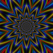 Dark Star  A twelve point concentric circle star design in blue, yellow, green and red.