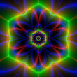 Flower Glow / A neon flower design in green, blue and red on a dark background.