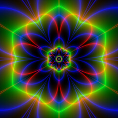 Wall Mural - Flower Glow / A neon flower design in green, blue and red on a dark background.