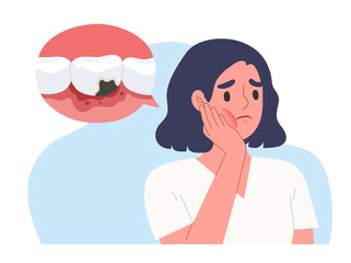 Young woman holding her cheek with hand palm. Suffering from toothache. Decayed tooth cause of oral disease. Concept of oral health, dental problem . Flat vector illustration character.