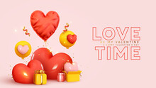 Happy Valentine's Day. Holiday Wedding. Happy Birthday. Festive Background With Realistic Heart Shaped Balloons Red And Yellow Colors, Open Gift Box. Romantic Banner, Web Poster. Vector Illustration