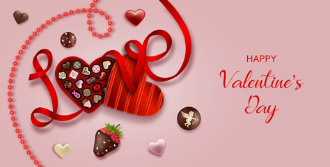 Wall Mural - Valentine's day banner with heart shaped chocolate box, chocolates and ribbon