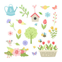 Spring Set With Cute Bird, Bees, Butterflies, Flowers And Leaves. Hand Drawing Flat Cartoon Elements. Vector Illustration