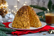 Сake Anthill made of shortbread cookies and condensed milk with butter. Christmas new year dessert. Selective focus 