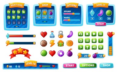 Poster - Game ui kit, cartoon gaming interface buttons, icons, menu. Mobile app gui assets, panel, progress bar, button, games design elements vector set. Isolated indicators with results, setting