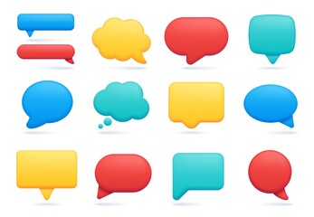 Fototapete - 3d speech bubble icon, empty chat message or comment. Realistic talking and thinking balloon, social media text notification bubbles vector set. Comic clouds for online discussion or conversation