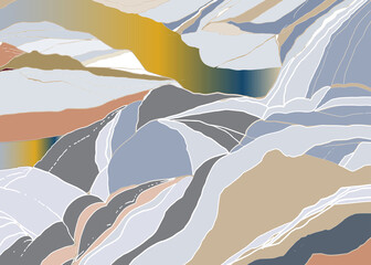 Geometric landscape. River  flowing and montains abstract representation. 