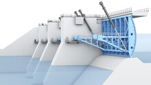 Spillway Gates. Closed Gates Of A Hydroelectric Dam. 3d Illustration