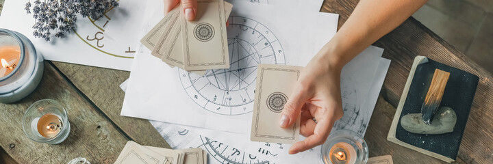 Wall Mural - astrology. astrologer calculates natal chart and makes a forecast of fate tarot cards, fortune telli