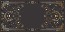 Vector Mystic Celestial Golden Frame With Stars, Moon Phases, Crescents, Arrows And Copy Space. Ornate Shiny Magical Linear Geometric Border. Ornate Magical Banner With A Place For Text