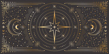 Vector Celestial Background With Ornate Outline Geometric Frame, Star, Moon Phases, Dotted Radial Circles And Crescents. Mystic Golden Linear Banner With Magical Symbols. Cover For Tarot Card