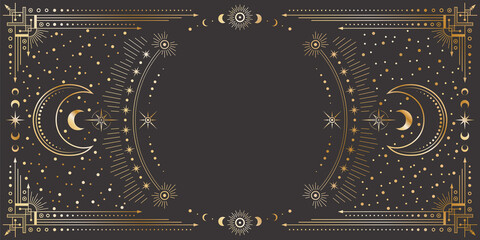 Wall Mural - Vector mystic celestial golden frame with stars, moon phases, crescents, arrows and copy space. Ornate shiny magical linear geometric border. Ornate magical banner with a place for text