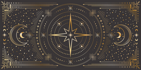 Wall Mural - vector celestial background with ornate outline geometric frame, star, moon phases, dotted radial ci