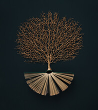Golden Tree Growing From The Old Book, Education And Knowledge Concept. Flat Lay.