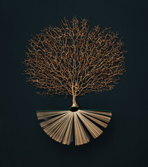 Wall Mural - Golden tree growing from the old book, Education and knowledge concept. Flat lay.
