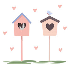 Two Colorful Bird Houses Isolated On White Background With Little Simple Hearts. Cute Cartoon Style. Vector Illustration. Valentines Day Concept Greeting Card. 