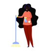 African american cleaning lady with mop and cleaning agent in a bottle. Vector illustration.