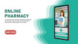 Online pharmacy flat illustration. Medicine ordering mobile app. Medical supplies, bottles liquids and pills. Drug store web page concept.