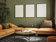 Leinwandbild Motiv Poster frame mockup in home interior with sofa, table and decor in living room, 3d render