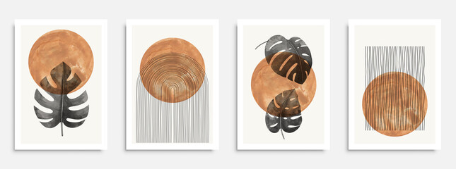 abstract geometric, natural shapes poster set in mid century style. modern illustration: tropical pa