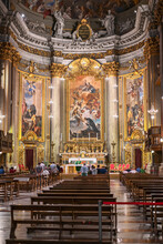 Rome, Italy - October 13, 2019 - View Of The Majestic Interior Of The Catholic Church During Worship