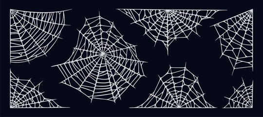 Wall Mural - Spiderwebs set isolated on black background. Spooky Halloween cobwebs for frames and banners. Handrawn vector illustration