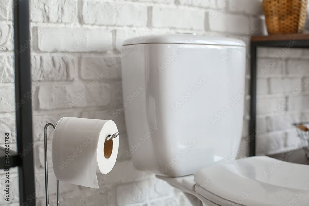 Holder with toilet paper roll in restroom