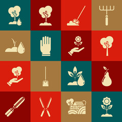 Sticker - Set Flower, Pear, Tree, Shovel in the ground, Garden gloves, Watering sprout, and Hand holding flower icon. Vector