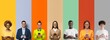 Group portrait of smiling multiethnic young people holding phones, isolated on multicolored background