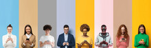 Group Of Smiling Diverse People Texting With Phones, Isolated On Multicolored Background