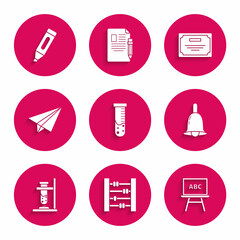 Sticker - Set Test tube and flask chemical laboratory, Abacus, Chalkboard, Ringing bell, Glass test on fire, Paper airplane, Certificate template and Marker pen icon. Vector