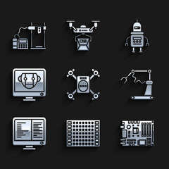 Sticker - Set Drone flying with action camera, Industrial machine robotic robot arm hand factory, Computer monitor screen, Bot, Robot and 3D printer icon. Vector